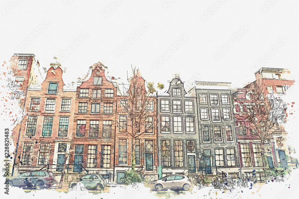 illustration or watercolor sketch. Traditional old architecture in Amsterdam. European architecture.