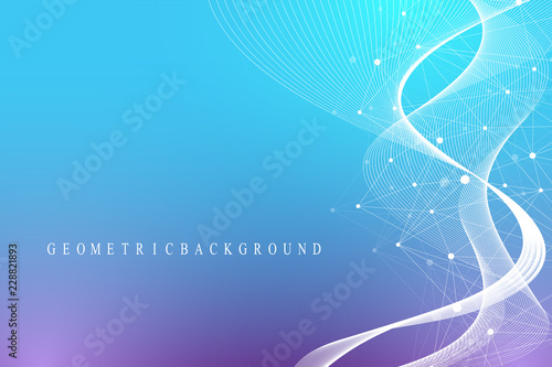 Scientific vector illustration genetic engineering and gene manipulation concept. DNA helix, DNA strand, molecule or atom, neurons. Abstract structure for Science or medical background. Wave flow
