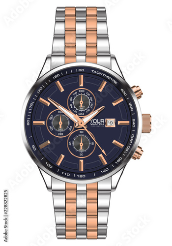 Realistic watch clock chronograph stainless steel copper blue face for men on white background vector illustration.