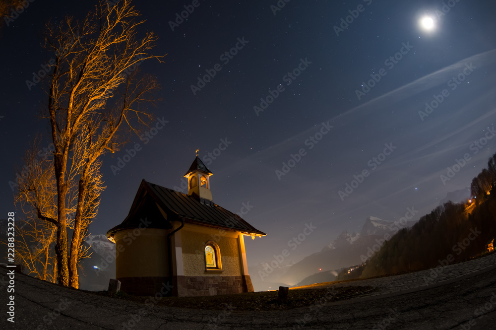 Kirchleitn chapel at night with moonshine and Watzmann in Berchtesgaden, Bavaria, Germany Kirchleitn chapel at night with moonshine and Watzmann in Berchtesgaden, Bavaria, Germany