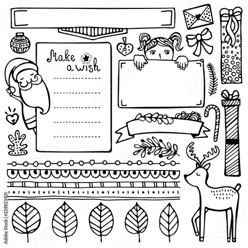 Bullet journal hand drawn vector elements for notebook, diary and planner. Set of doodle frames, banners and floral and Christmas elements isolated on white background.