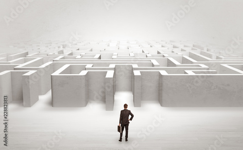 Businessman trying to decide which entrance to choose at the maze 