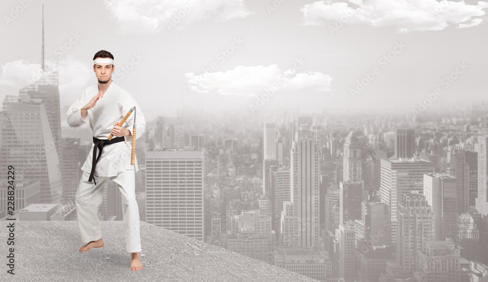 Young karate trainer doing karate tricks on the top of a metropolitan city
Young karate trainer doing karate tricks on the top of a metropolitan city