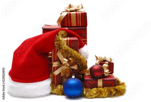 Christmas ornaments and gifts on a white background