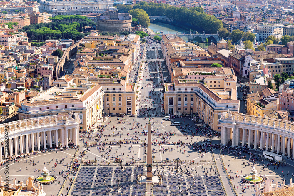 Rome, Italy. Aerial view of the famous Piazza San Pietro in Vatican and Rome city.