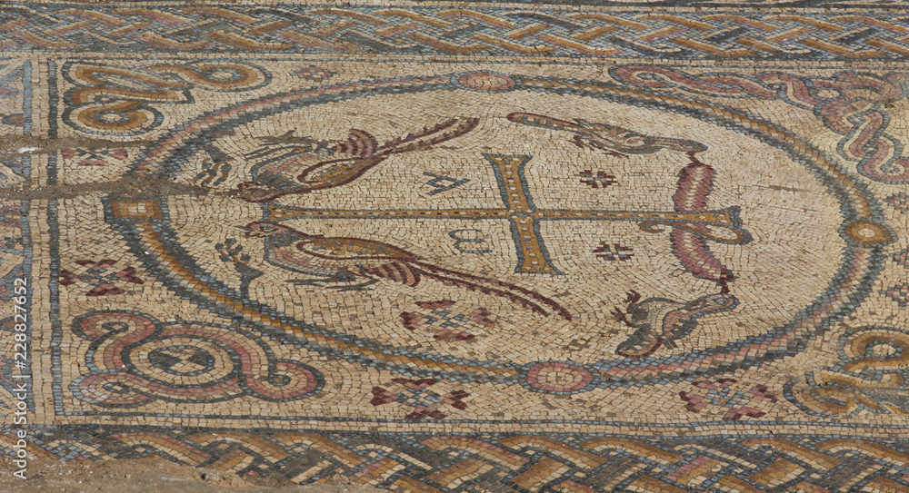 Roman Mosaics Ruins at Ancient Byzantine Church in Holy land