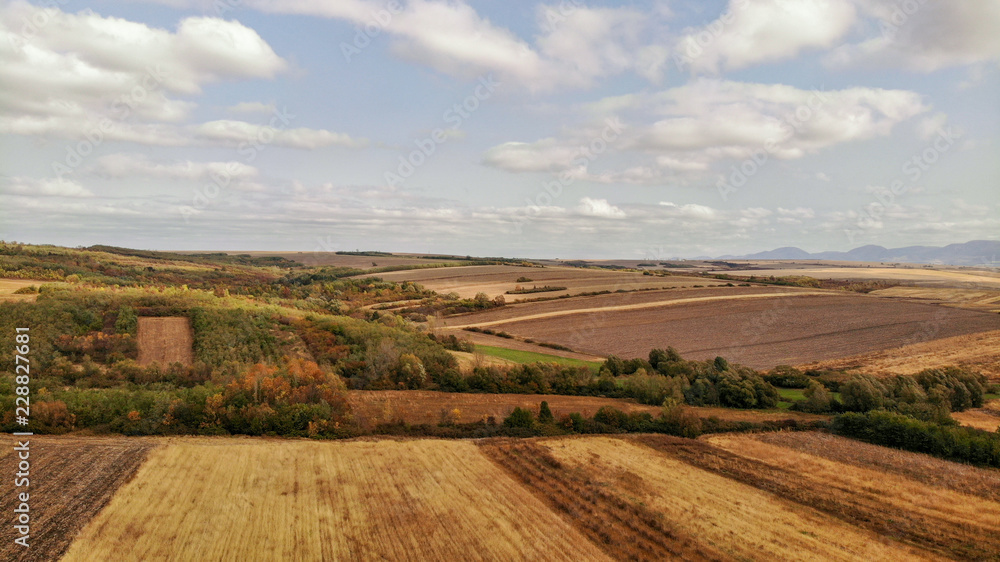 Aerial view of countryside in autumn with yellow fields and clouds in the background