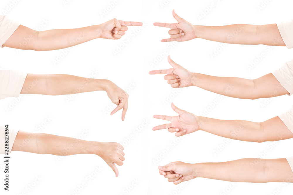Multiple male hand gestures isolated over the white background, set of multiple images Multiple male hand gestures isolated over the white background, set of multiple images