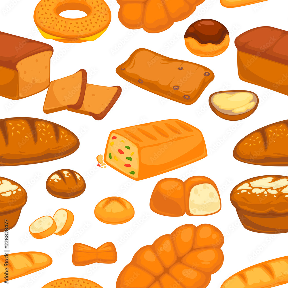 Bakery products buns and bread seamless pattern vector.
