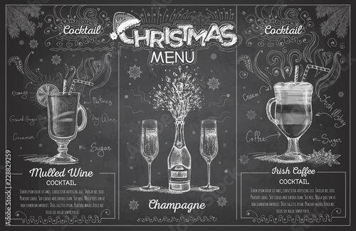 Vintage chalk drawing christmas menu design with champagne. Restaurant menu