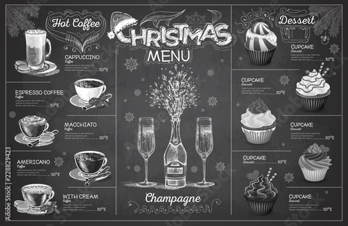 Vintage chalk drawing christmas menu design with champagne. Restaurant menu