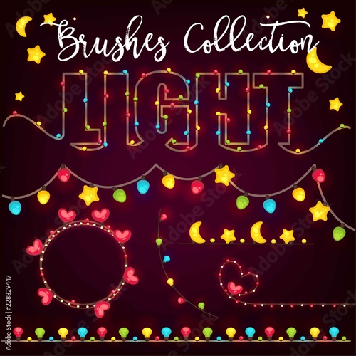 Set of color garlands, festive decorations light bulb, heart and star shape.