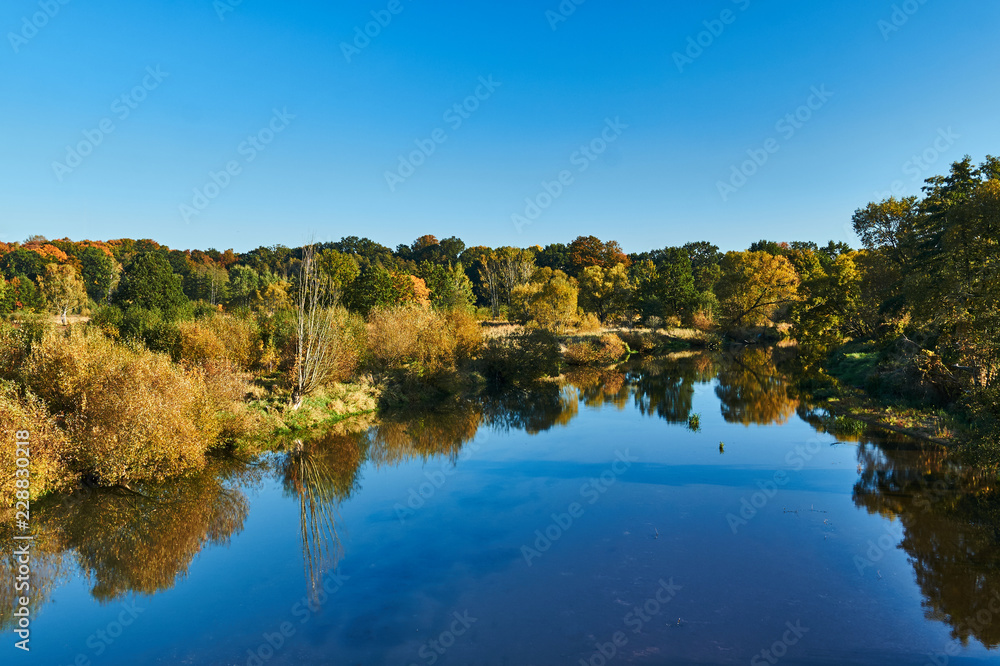 Trees on the banks of the Lusatian Neisse during autumn on the border between Poland and Germany..