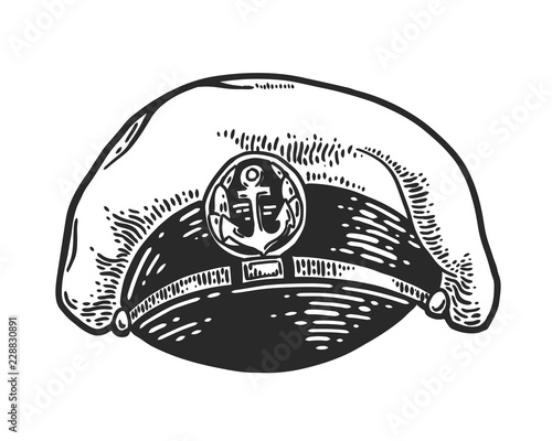 Captain hat isolated on white background. Vector vintage engraving illustration for logo, emblem, tattoo, poster, t-shirt, web and label. Hand drawn in a graphic style.