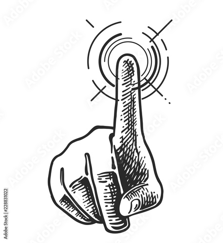 Hand with touching a button or pointing finger. Gesture icon. Vintage black engraving illustration for web, poster. Hand drawn design element isolated on white background. Vector illustration.