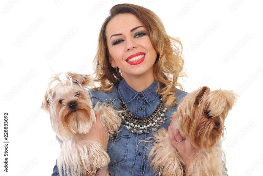 young positive woman with yorkshire terrier dog young positive woman with yorkshire terrier dog