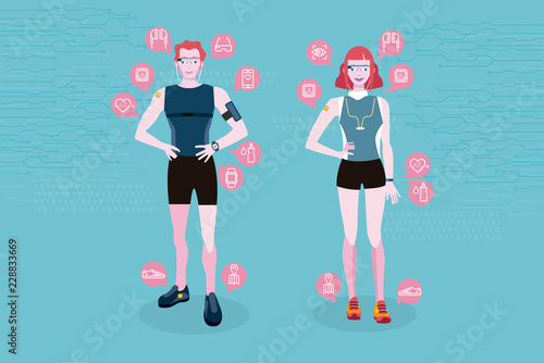 Man and woman with wearable technology for fitness