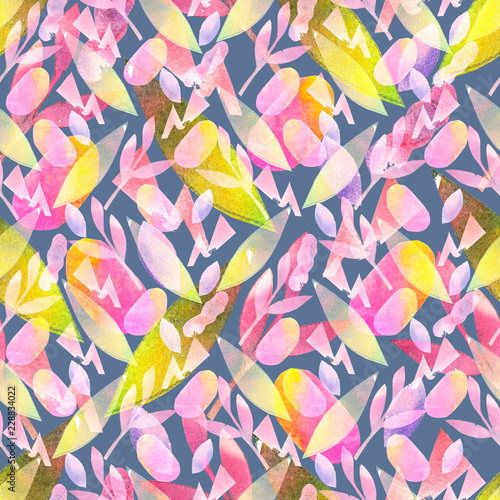 Watercolor seamless pattern with hand painted forms and figures in pink purple and yellow colors. Cutout paper trendy background for fabric textile, wallpaper or gift wrap. Abstract collage