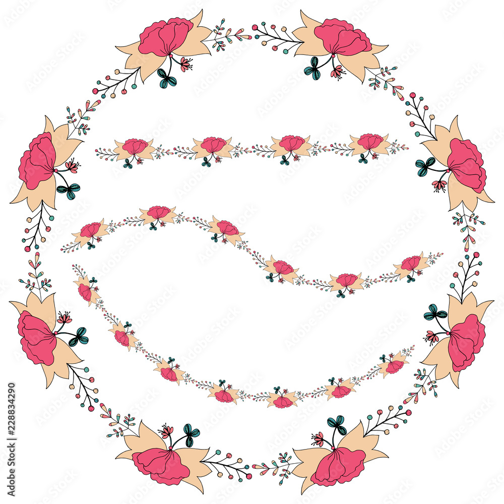 Vector illustration of a floral frame in the shape of a circle made of floral elements, leaves, buds, flowers