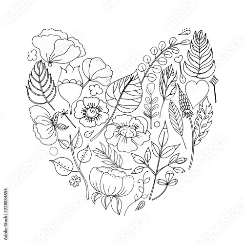 Vector illustration of a floral frame in the shape of a heart