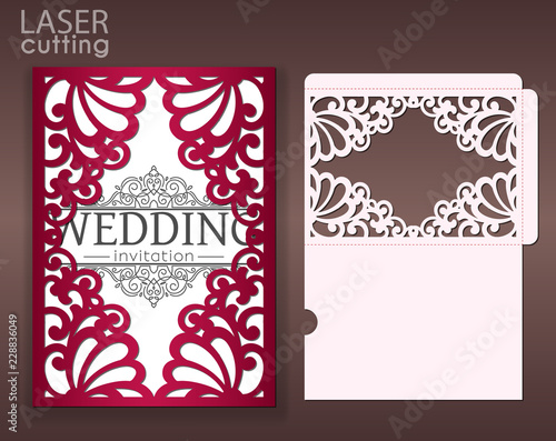 Die laser cut wedding card vector template. Invitation envelope with lace frame. Wedding lace invitation mockup. Template for cutting. Die cut pocket envelope template.