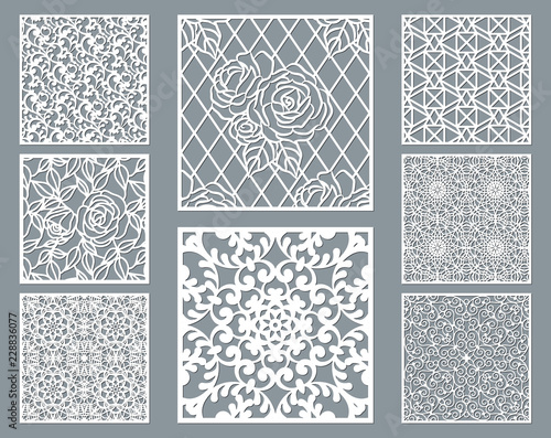 Laser cut decorative panel set with lace pattern, square ornamental templates collection for die cutting or wood carving, element for wedding invitation card. Cabinet screen.