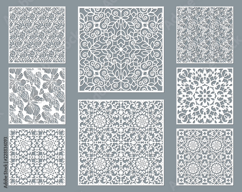 Laser cut decorative panel set with lace pattern, square ornamental templates collection for die cutting or wood carving, element for wedding invitation card. Cabinet screen.