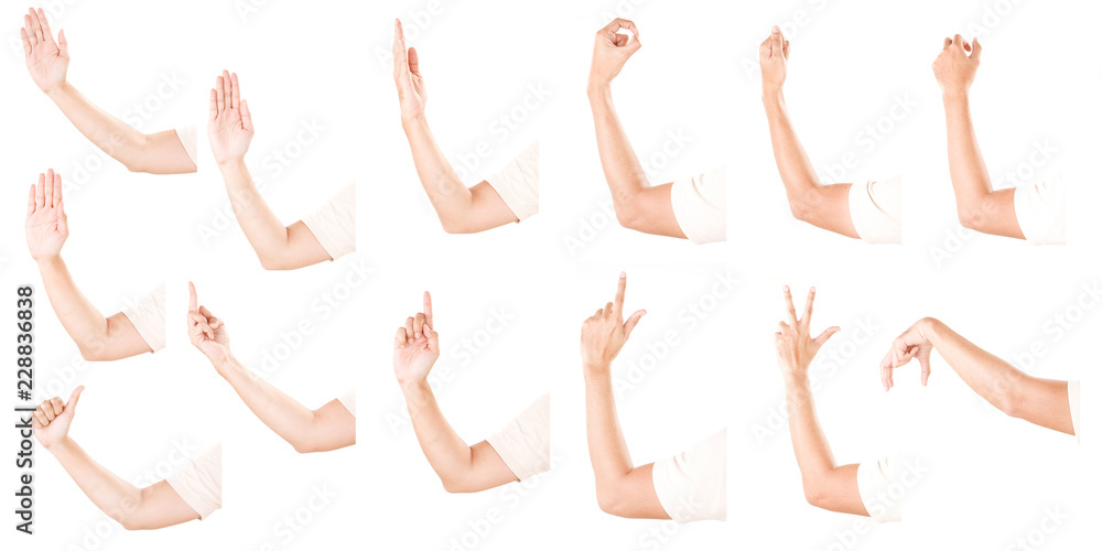 Fototapeta premium Multiple male hand gestures isolated over the white background, set of multiple images