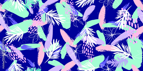 Seamless Pattern of Flowers ,Exotic Leaves and Brush Strokes . Print for Surface , Invitation , Notebook, Banner , Wrap Paper ,Textiles, Cover, Magazine ,Postcard Background ,Textile , Fashion