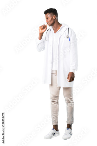 Full body of African american doctor is suffering with cough and feeling bad on white background