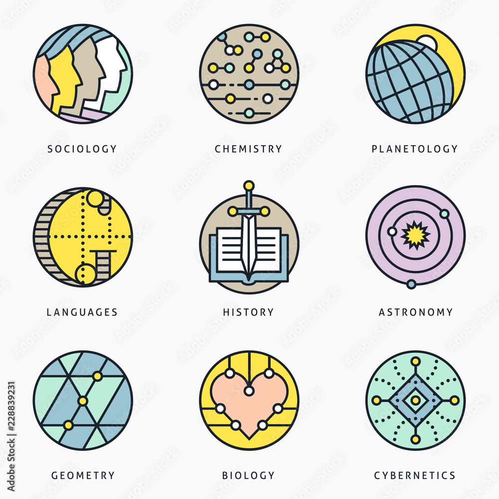 Illustrations and logo templates of fundamental science disciplines, research and education. Social, Chemistry, Astronomy, History, Geometry, Linguistics, Biology, Medicine, Cybernetics. Vector set. Illustrations and logo templates of fundamental science disciplines, research and education. Social, Chemistry, Astronomy, History, Geometry, Linguistics, Biology, Medicine, Cybernetics. Vector set.