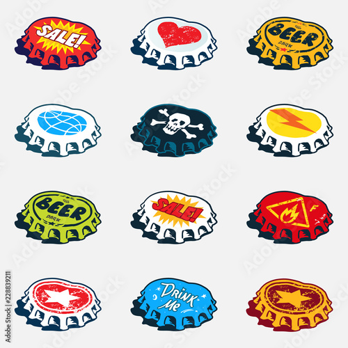 Collection of bended bottle caps with different labels. Vector graphics set.