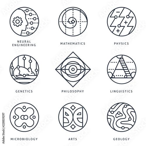 Illustrations and logo templates of fundamental science disciplines, research and education. Language, Biology, Genetics, Physics, Arts, Geography, Mathematics, Philosophy. Detailed vector icons set.