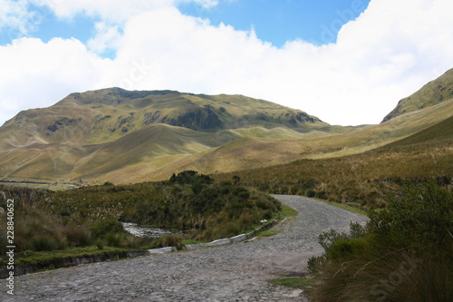 Coblbe stones road climbing mountains near Otavalo in Ecuador