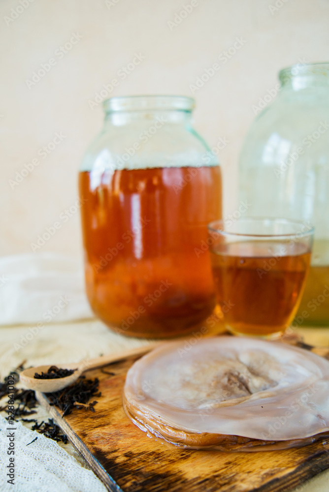Tea mushroom, Kombucha close-up, macro. Tea mushroom, Kombucha close-up, macro.