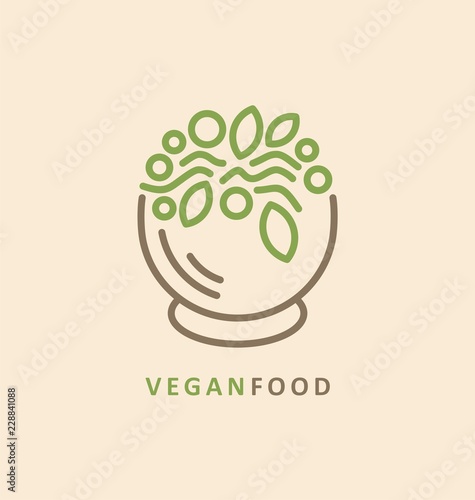 Line art icon design with salad bowl full of healthy food. Vegan food logo concept. Creative symbol for vegetarian restaurant.