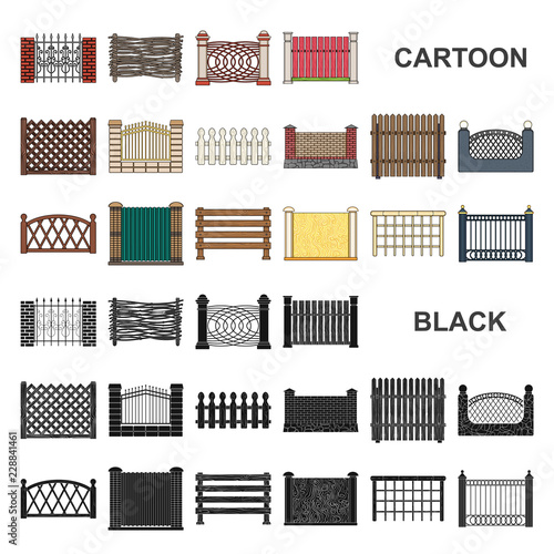 Different fence cartoon icons in set collection for design.Decorative fencing vector symbol stock web illustration.