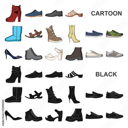 Different shoes cartoon icons in set collection for design. Men and women shoes vector symbol stock web illustration.