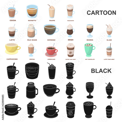 Different kinds of coffee cartoon icons in set collection for design. Coffee drink vector symbol stock web illustration.