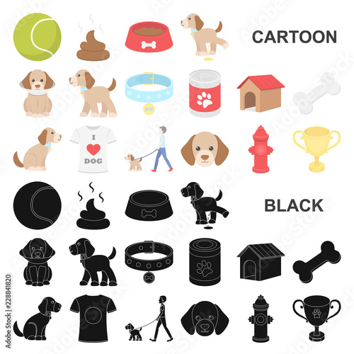 Pet dog cartoon icons in set collection for design. Caring for the puppy vector symbol stock web illustration. photo