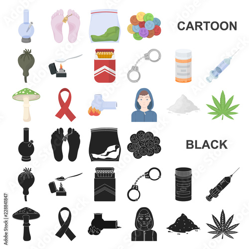 Drug addiction and attributes cartoon icons in set collection for design. Addict and Drug vector symbol stock web illustration.