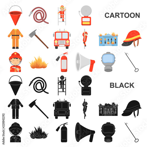 Fire Department cartoon icons in set collection for design. Firefighters and equipment vector symbol stock web illustration.
