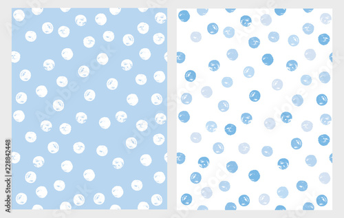 Cute Hand Drawn Abstract Brush Irregular Dots Vector Pattern Set. White and Blue Brush Spots. Light Blue and White Backgrounds. Bright Infantile Grunge Design.
