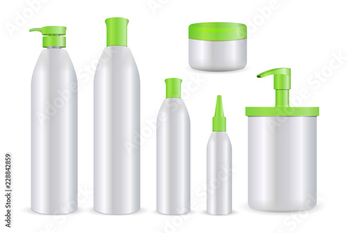 Realistic cosmetic bottle set on white background. Cosmetic containers and tubes for cream, lotion, shampoo, gel, balsam, conditioner. 3d Vector Illustration.