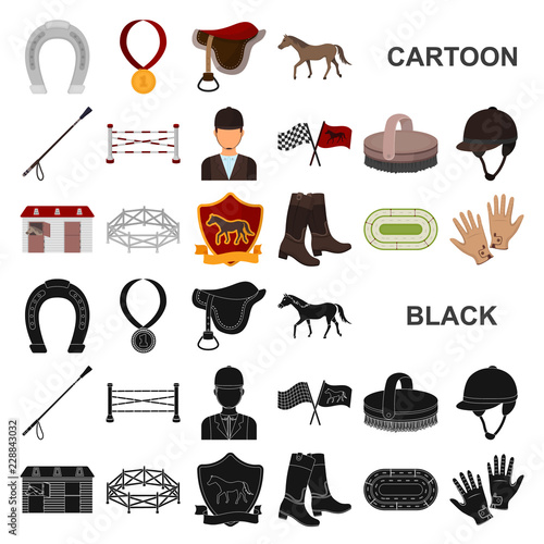 Hippodrome and horse cartoon icons in set collection for design. Horse Racing and Equipment vector symbol stock web illustration.