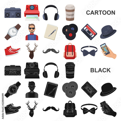 Style Hipster cartoon icons in set collection for design. Hipster Attributes and accessories vector symbol stock web illustration.