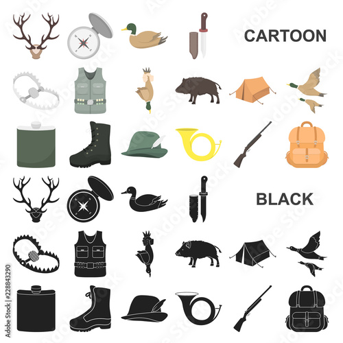 Hunting and trophy cartoon icons in set collection for design. Hunting and equipment vector symbol stock web illustration.