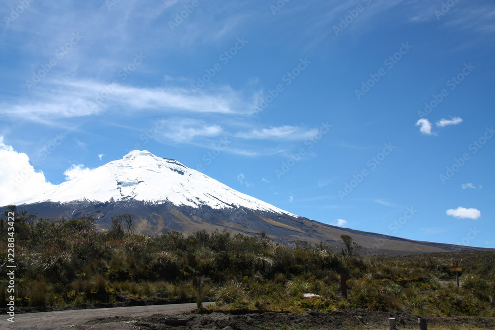 Obraz premium The Cotopaxi volcano in Ecuador. the top is covered by snow, summit at almost 6.000m