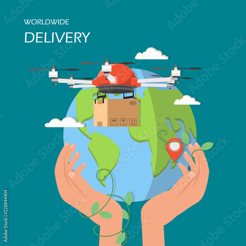 Worldwide drone delivery vector illustration in flat style