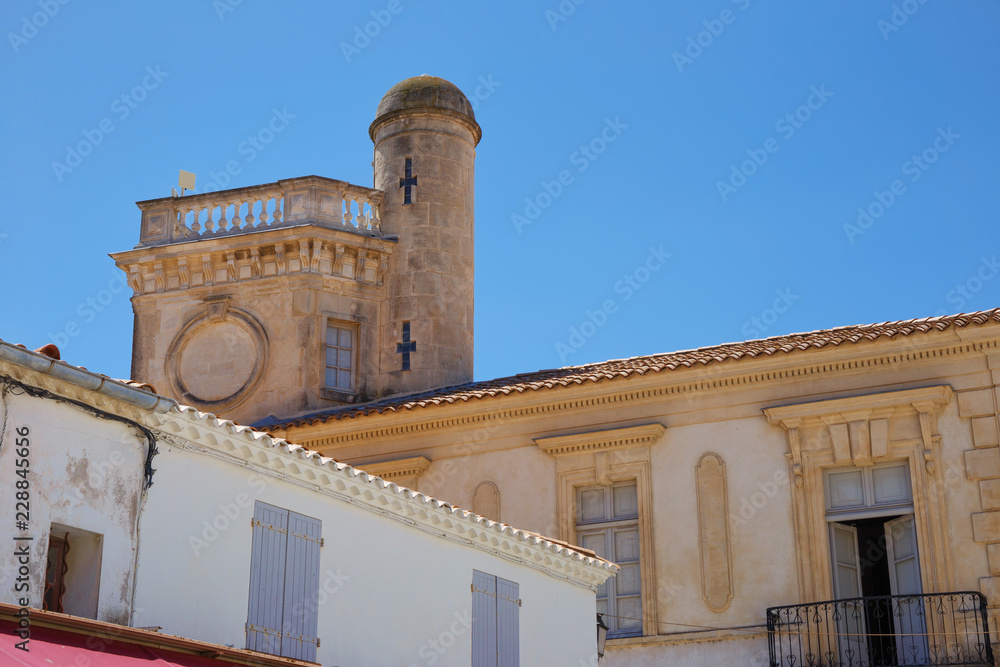 .On the streets of the maritime French city of Saintes-Maries-de-la-Mer. Fragment of the church Notre-Dame-de-la-Mer